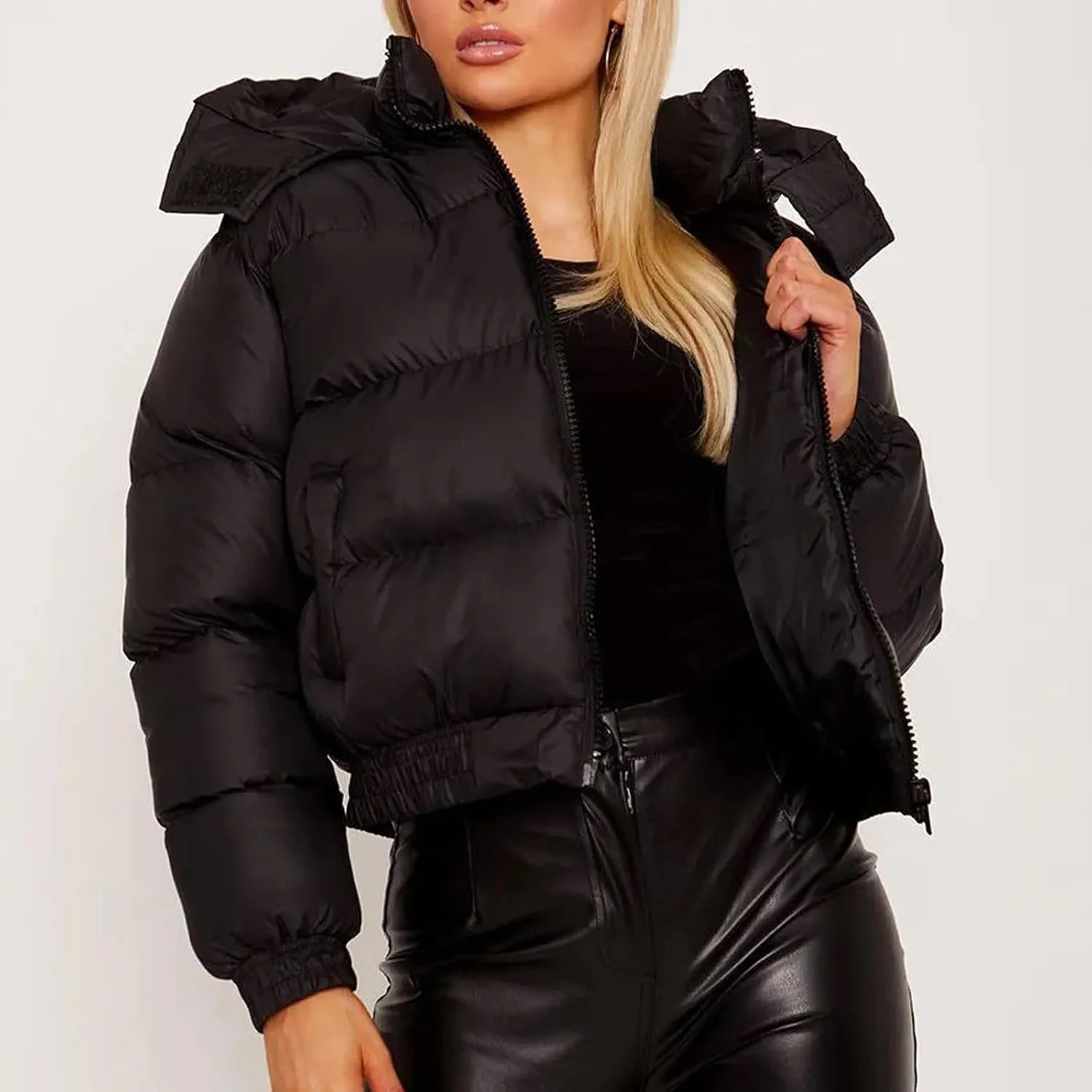 Women's Winter Fashion Crop Puffer Jacket Teen Girl Warm Hooded Cotton Padded Jacket Y2K Pockets Baggy Short Coats