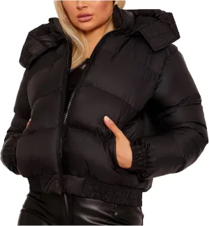 Women's Winter Fashion Crop Puffer Jacket Teen Girl Warm Hooded Cotton Padded Jacket Y2K Pockets Baggy Short Coats
