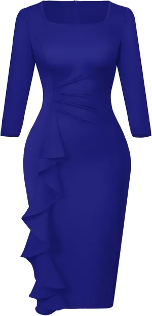 Womens Work Dresses Elegant Square Neck 3/4 Sleeve High Waist Bodycon Ruffle Vintage Church Pencil Midi Dress