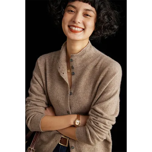 Wool cardigan women's semi-high-necked solid color long-sleeved
