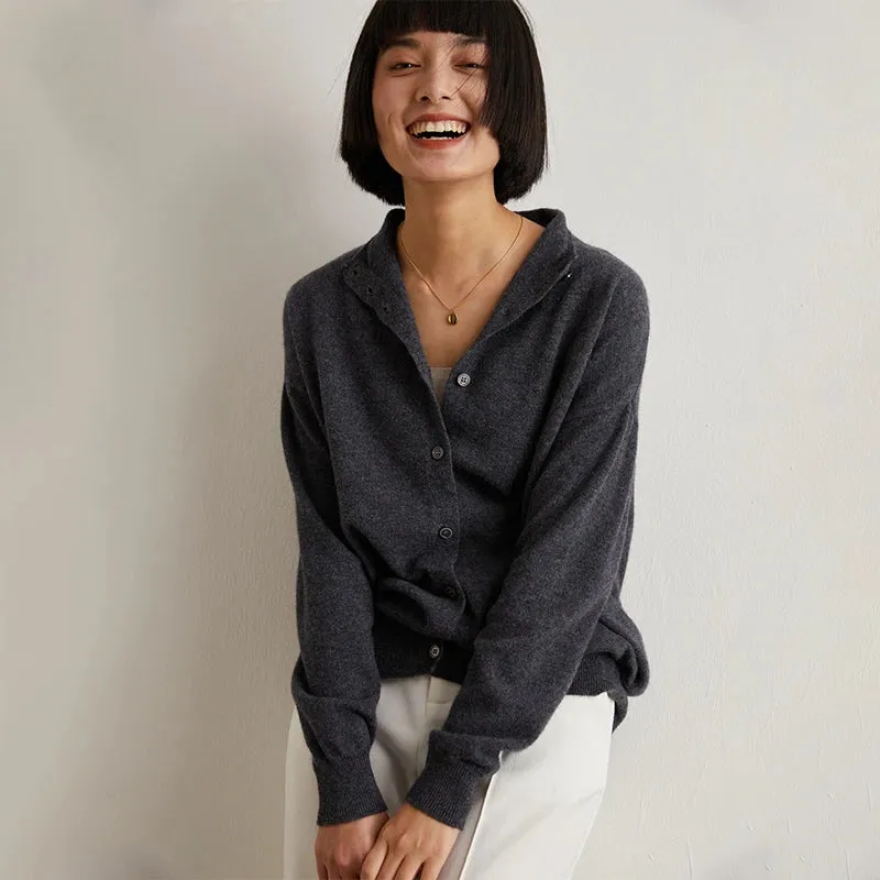 Wool cardigan women's semi-high-necked solid color long-sleeved