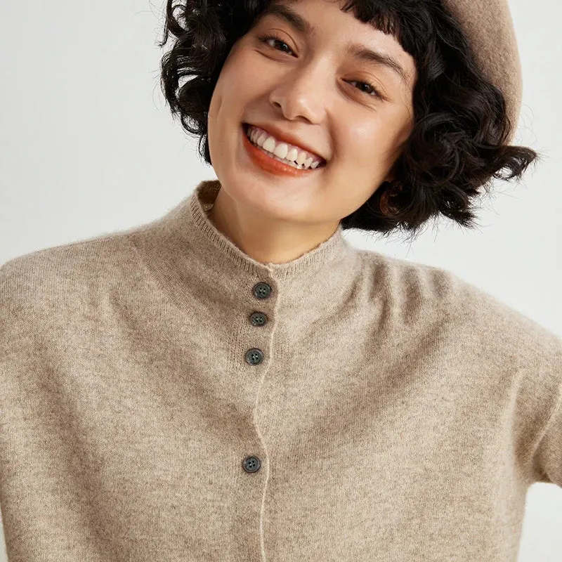 Wool cardigan women's semi-high-necked solid color long-sleeved