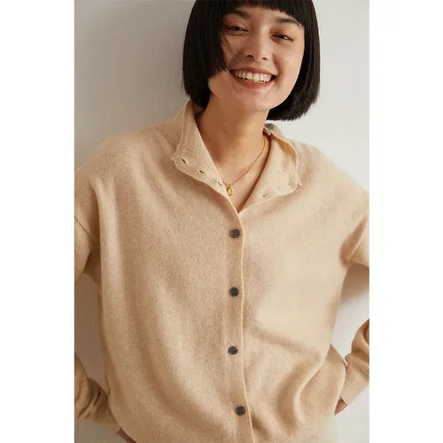 Wool cardigan women's semi-high-necked solid color long-sleeved