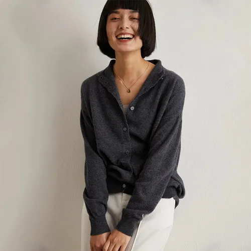 Wool cardigan women's semi-high-necked solid color long-sleeved