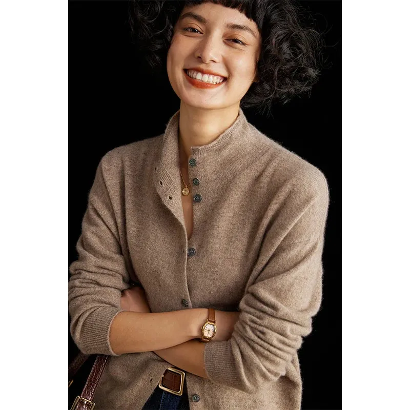 Wool cardigan women's semi-high-necked solid color long-sleeved