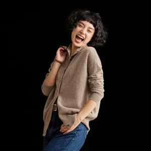 Wool cardigan women's semi-high-necked solid color long-sleeved