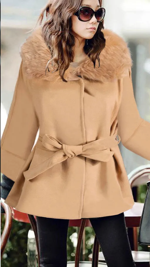 Wool Collar Long Sleeves Slim Wool Coat With Belt on