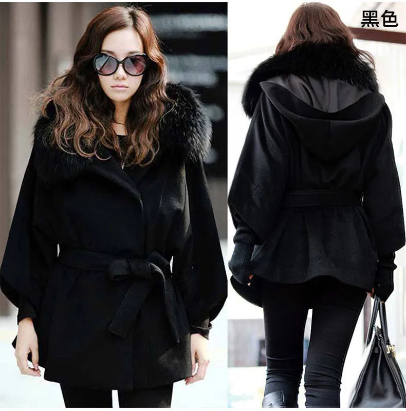 Wool Collar Long Sleeves Slim Wool Coat With Belt on