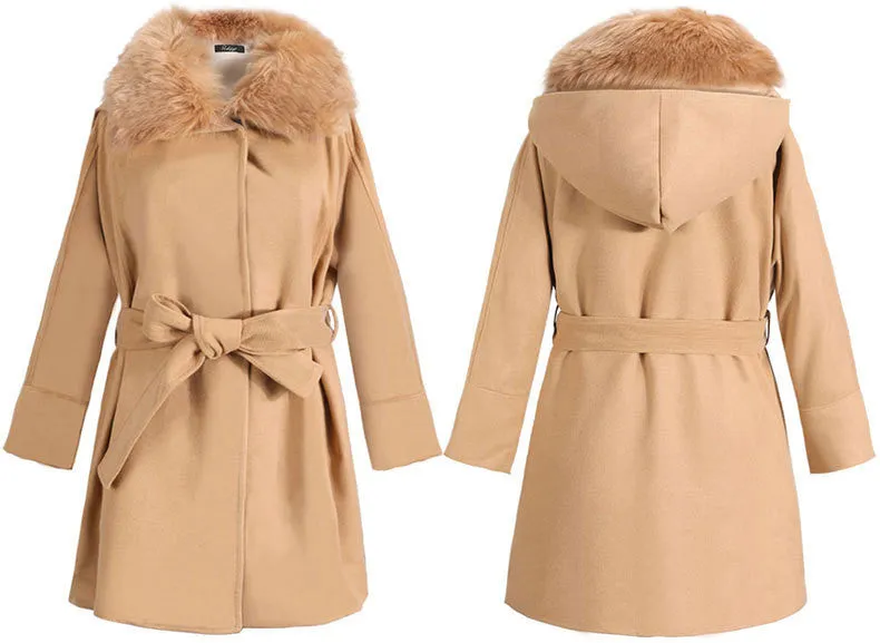 Wool Collar Long Sleeves Slim Wool Coat With Belt on
