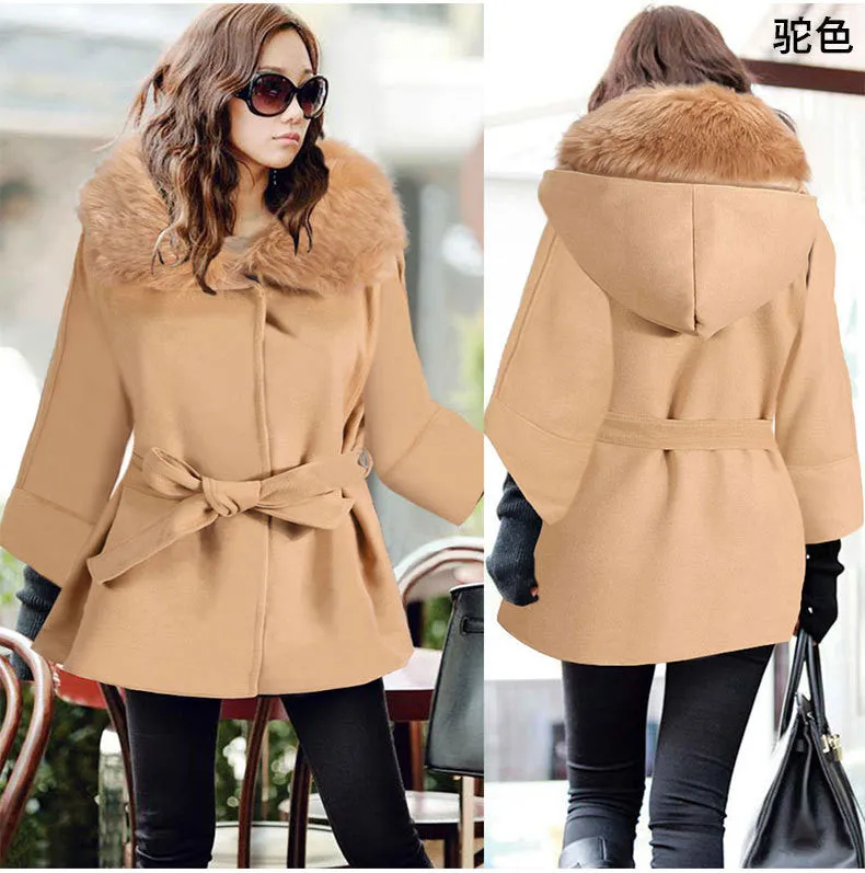 Wool Collar Long Sleeves Slim Wool Coat With Belt on