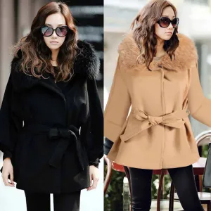 Wool Collar Long Sleeves Slim Wool Coat With Belt on