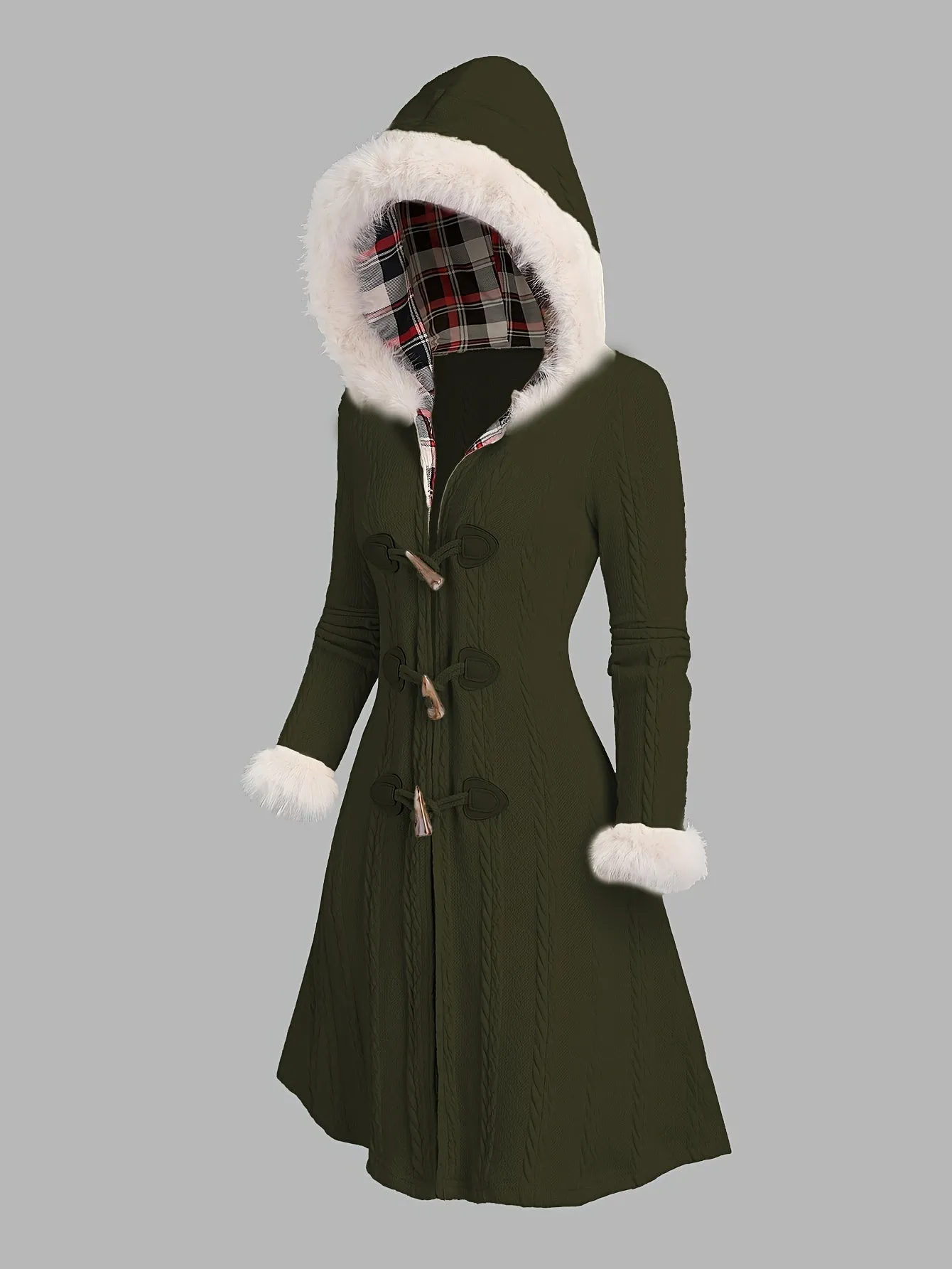 Y2K Plaid Hooded Knit Coat with Faux Fur Trim, Horn Buttons, Long & Warm