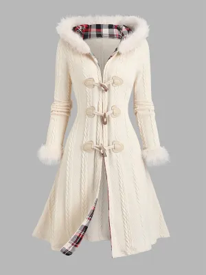 Y2K Plaid Hooded Knit Coat with Faux Fur Trim, Horn Buttons, Long & Warm