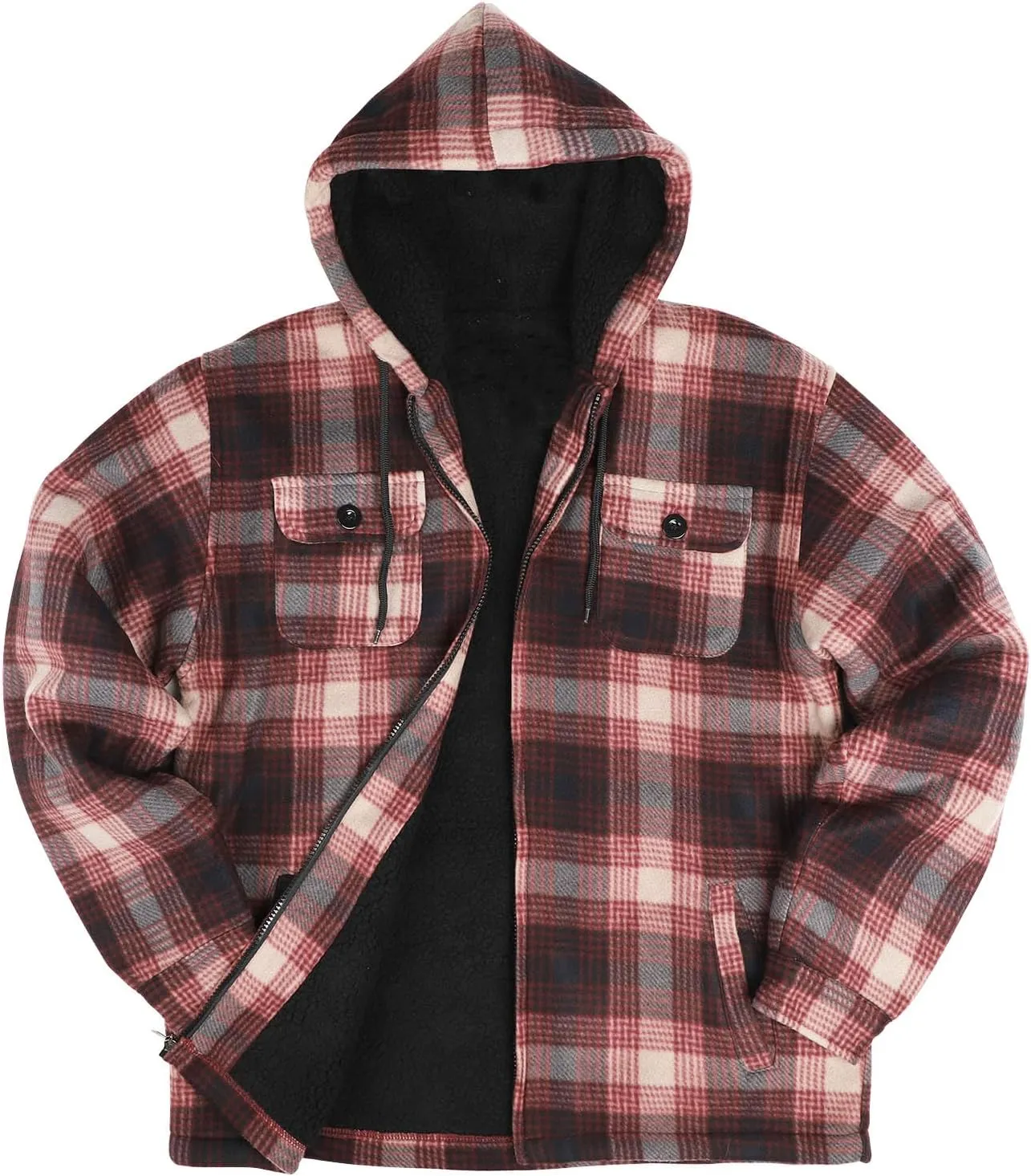 Yasumond Mens Heavy Sherpa Lined Fleece Plaid Flannel Jacket Zip Up Hoodies Warm Winter Coats Big Tall