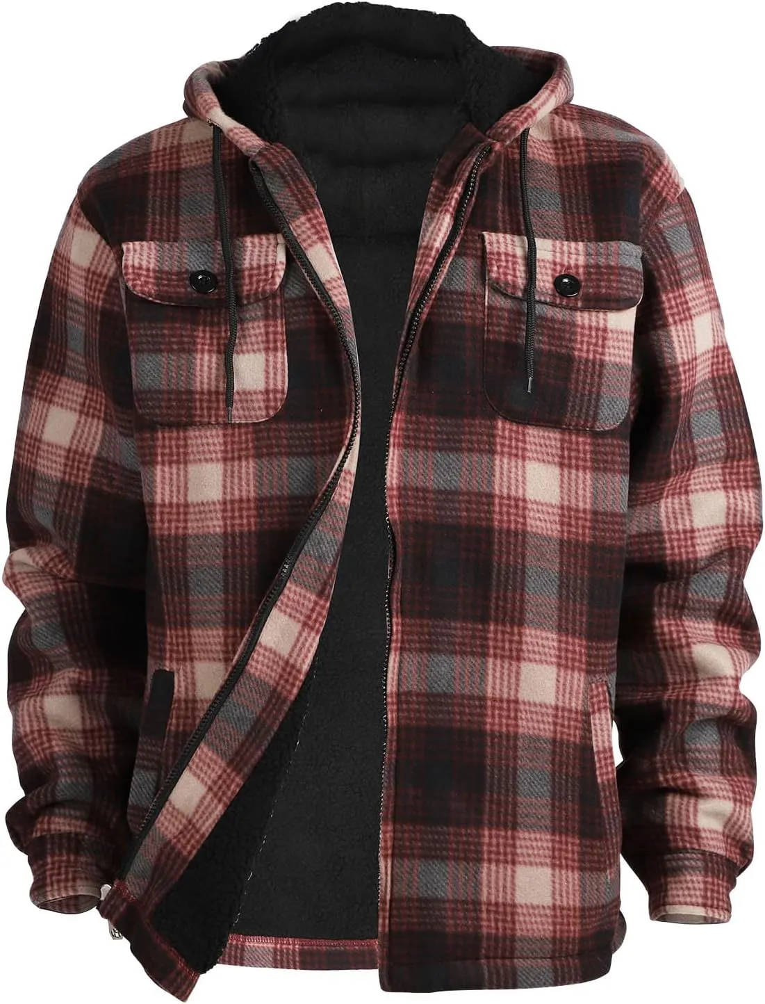 Yasumond Mens Heavy Sherpa Lined Fleece Plaid Flannel Jacket Zip Up Hoodies Warm Winter Coats Big Tall