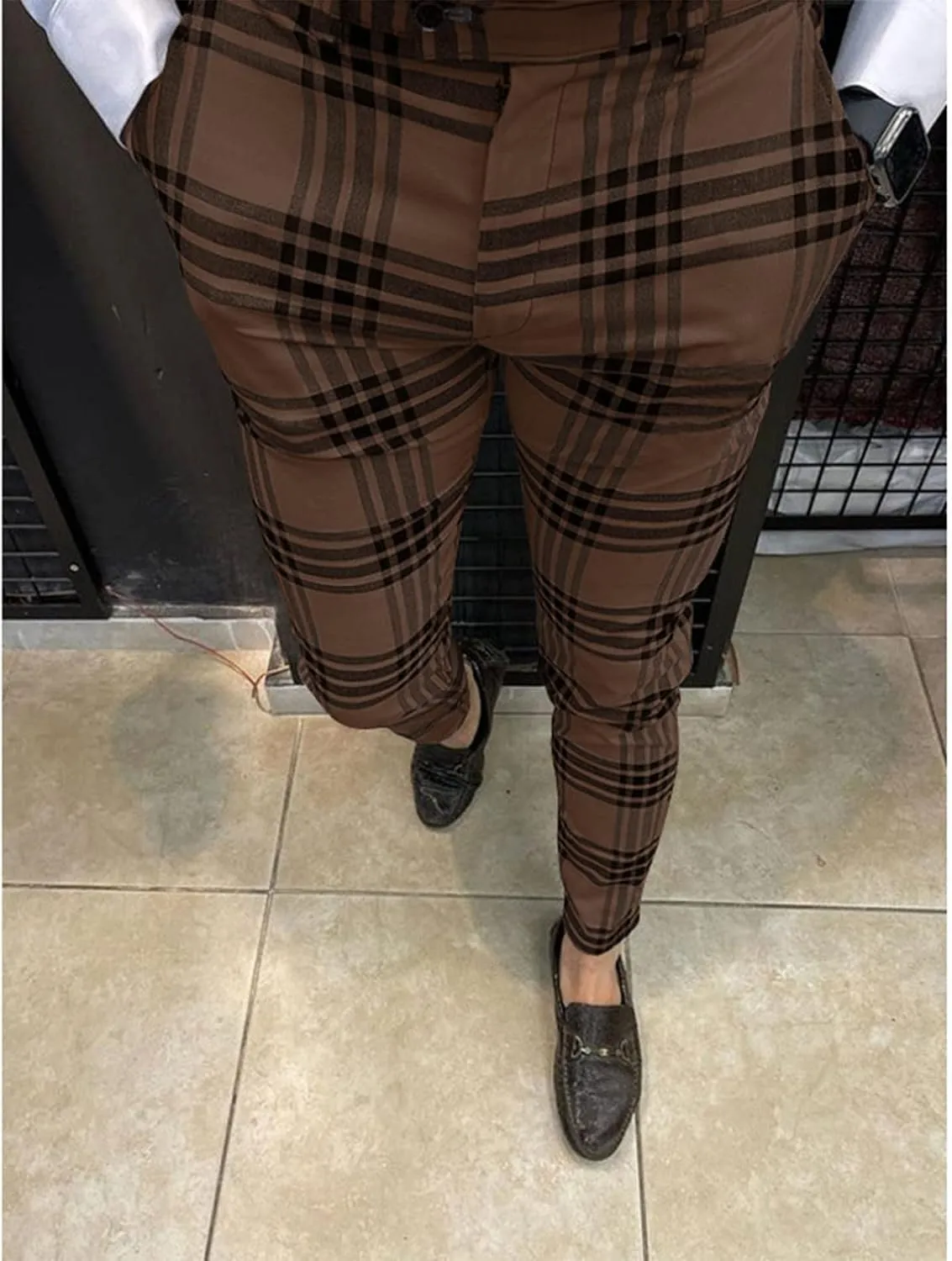 Ymosrh Mens Pants Casual Men's Fashion Stretch Dress Pants Slim Fit Plaid Pants Business Suit Casual Golf Relaxed