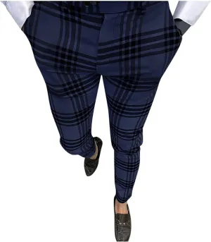 Ymosrh Mens Pants Casual Men's Fashion Stretch Dress Pants Slim Fit Plaid Pants Business Suit Casual Golf Relaxed