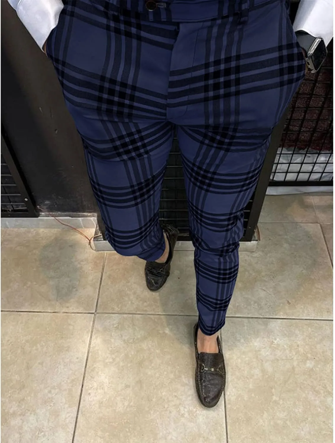 Ymosrh Mens Pants Casual Men's Fashion Stretch Dress Pants Slim Fit Plaid Pants Business Suit Casual Golf Relaxed