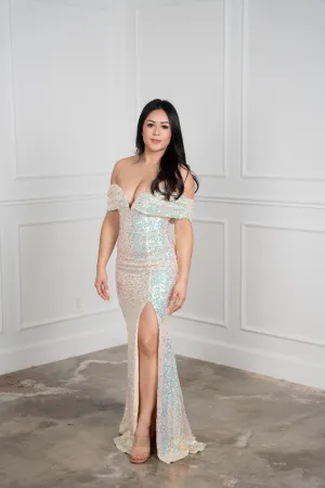Zayda Champagne Sequins Off The Shoulder - Maxi Dress