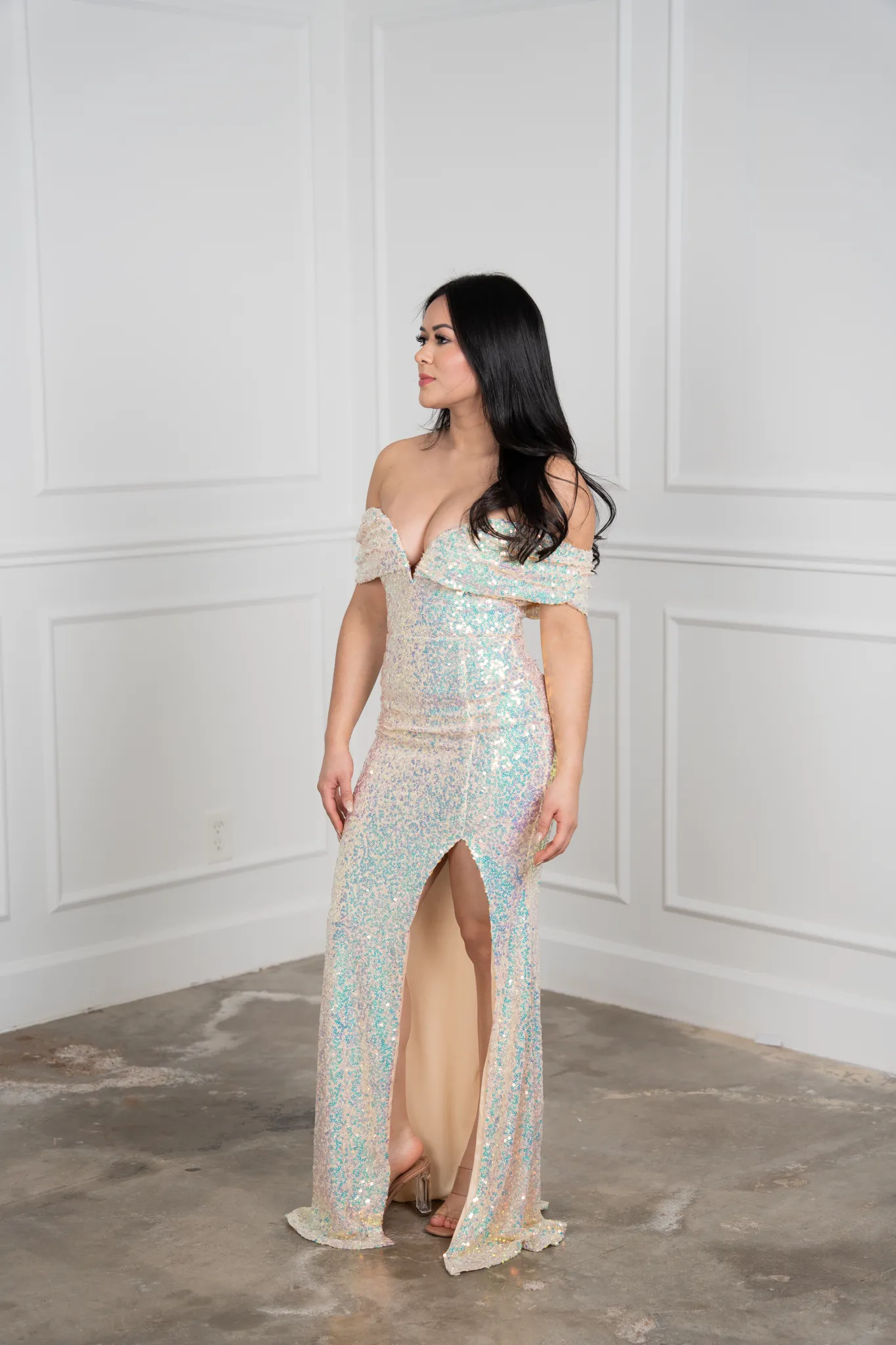 Zayda Champagne Sequins Off The Shoulder - Maxi Dress