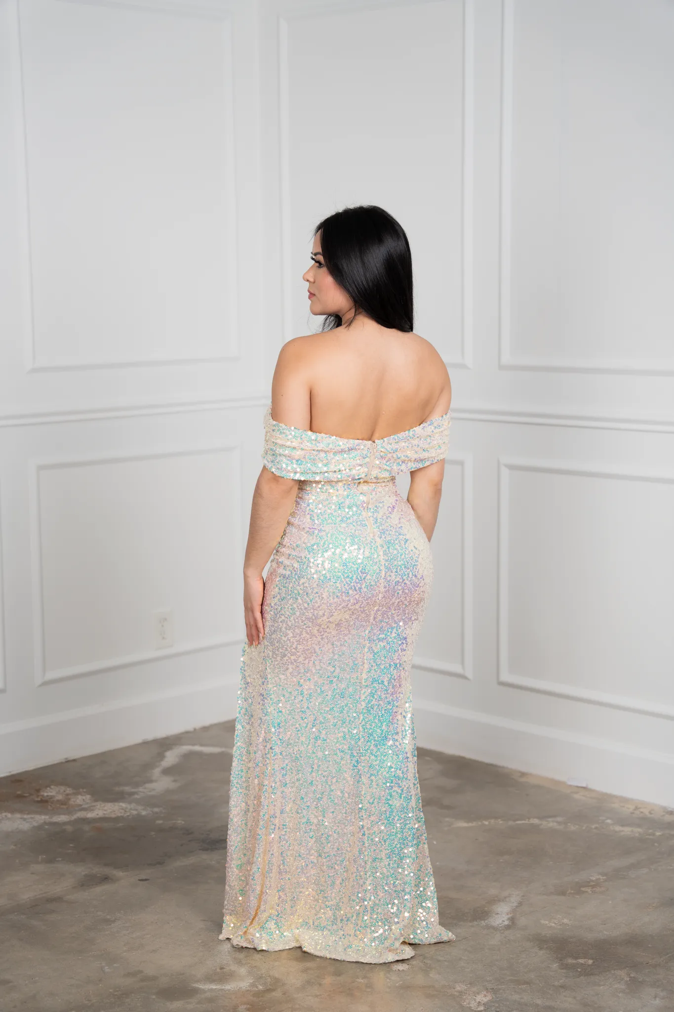 Zayda Champagne Sequins Off The Shoulder - Maxi Dress