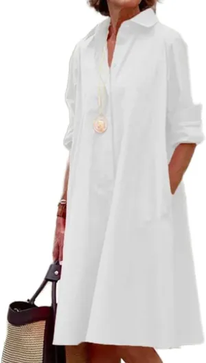 ZOCANIA Womens Button Down Linen Shirt Midi Dresses Long Sleeve Elegant Dress with Pockets
